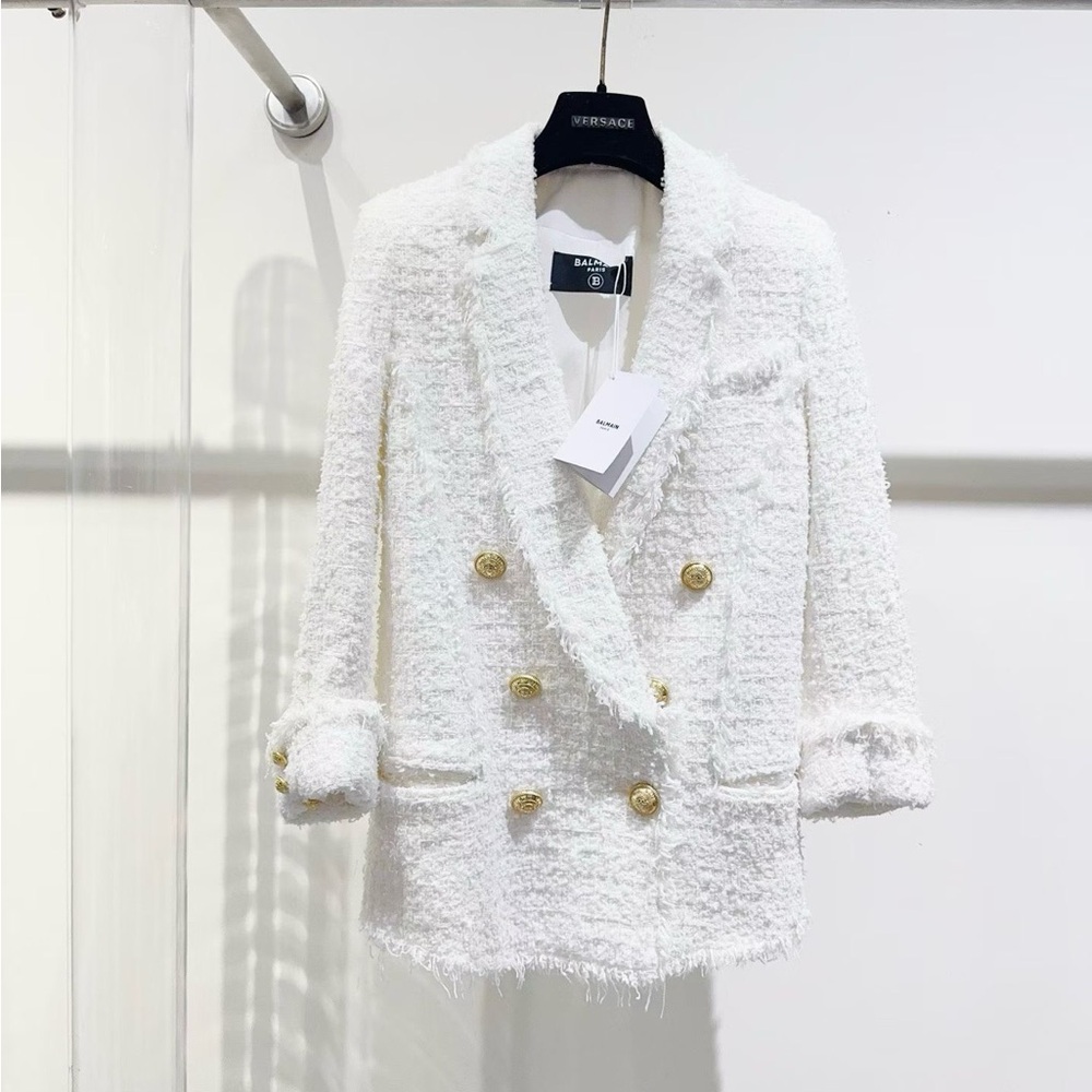 Authentic Balmain White Textured Blazer with Gold Buttons